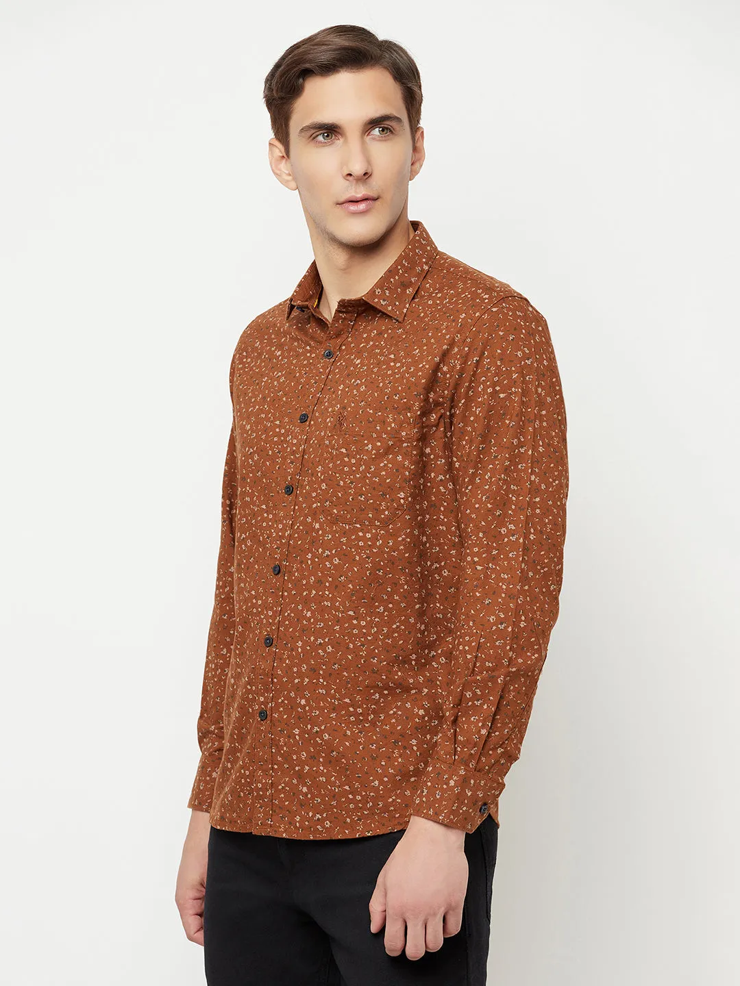 Cantabil Cotton Printed Brown Full Sleeve Casual Shirt for Men with Pocket