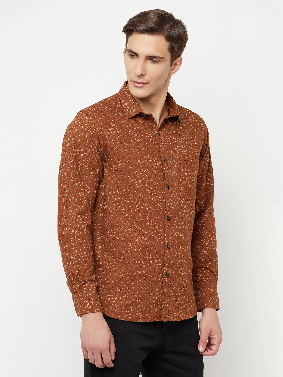 Cantabil Cotton Printed Brown Full Sleeve Casual Shirt for Men with Pocket