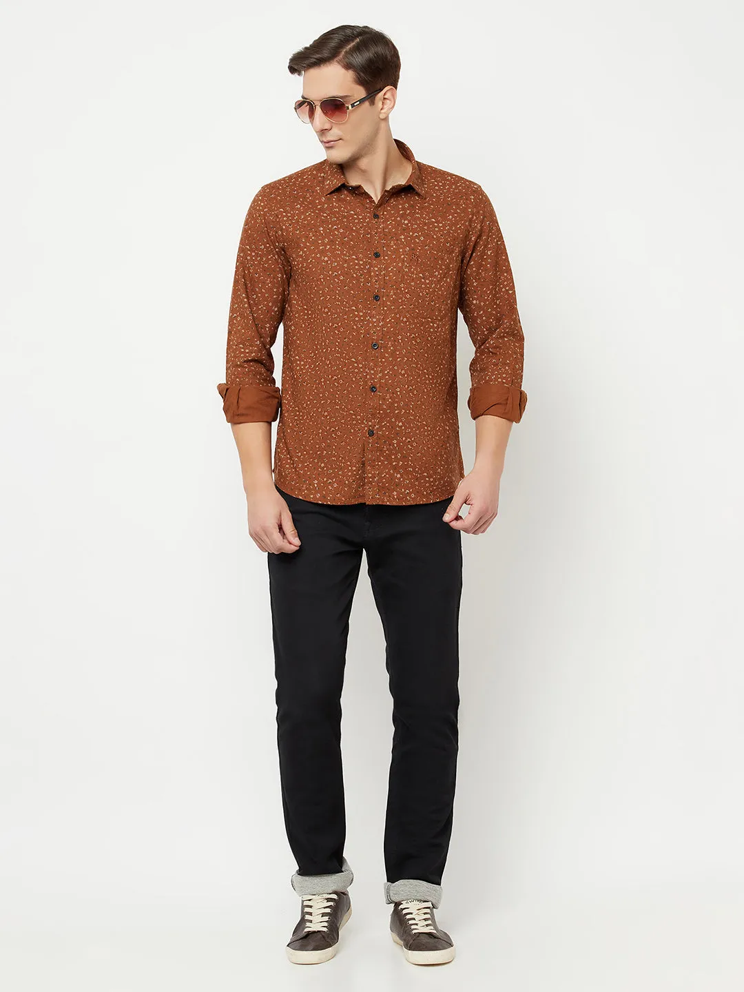 Cantabil Cotton Printed Brown Full Sleeve Casual Shirt for Men with Pocket