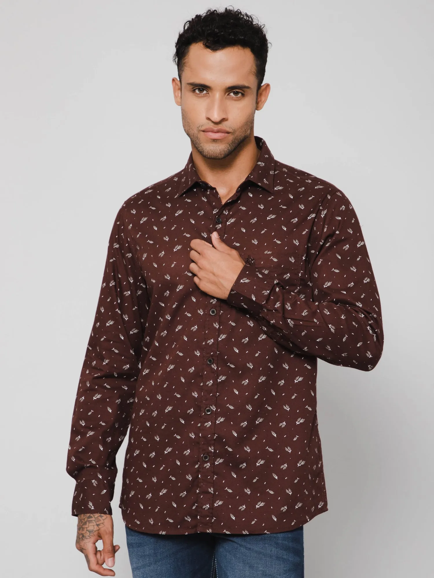 Cantabil Cotton Printed Brown Full Sleeve Regular Fit Casual Shirt for Men with Pocket