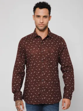 Cantabil Cotton Printed Brown Full Sleeve Regular Fit Casual Shirt for Men with Pocket