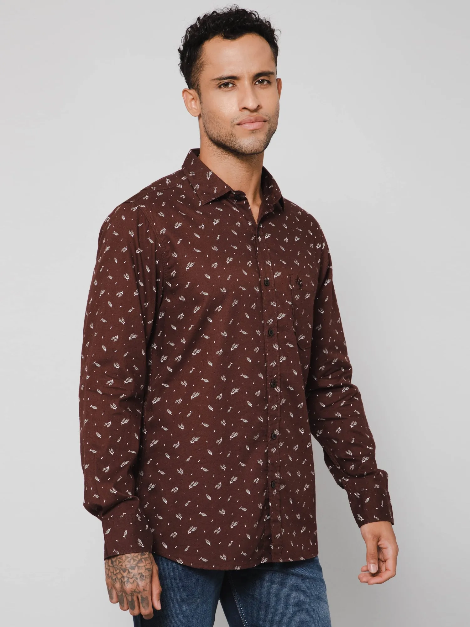 Cantabil Cotton Printed Brown Full Sleeve Regular Fit Casual Shirt for Men with Pocket