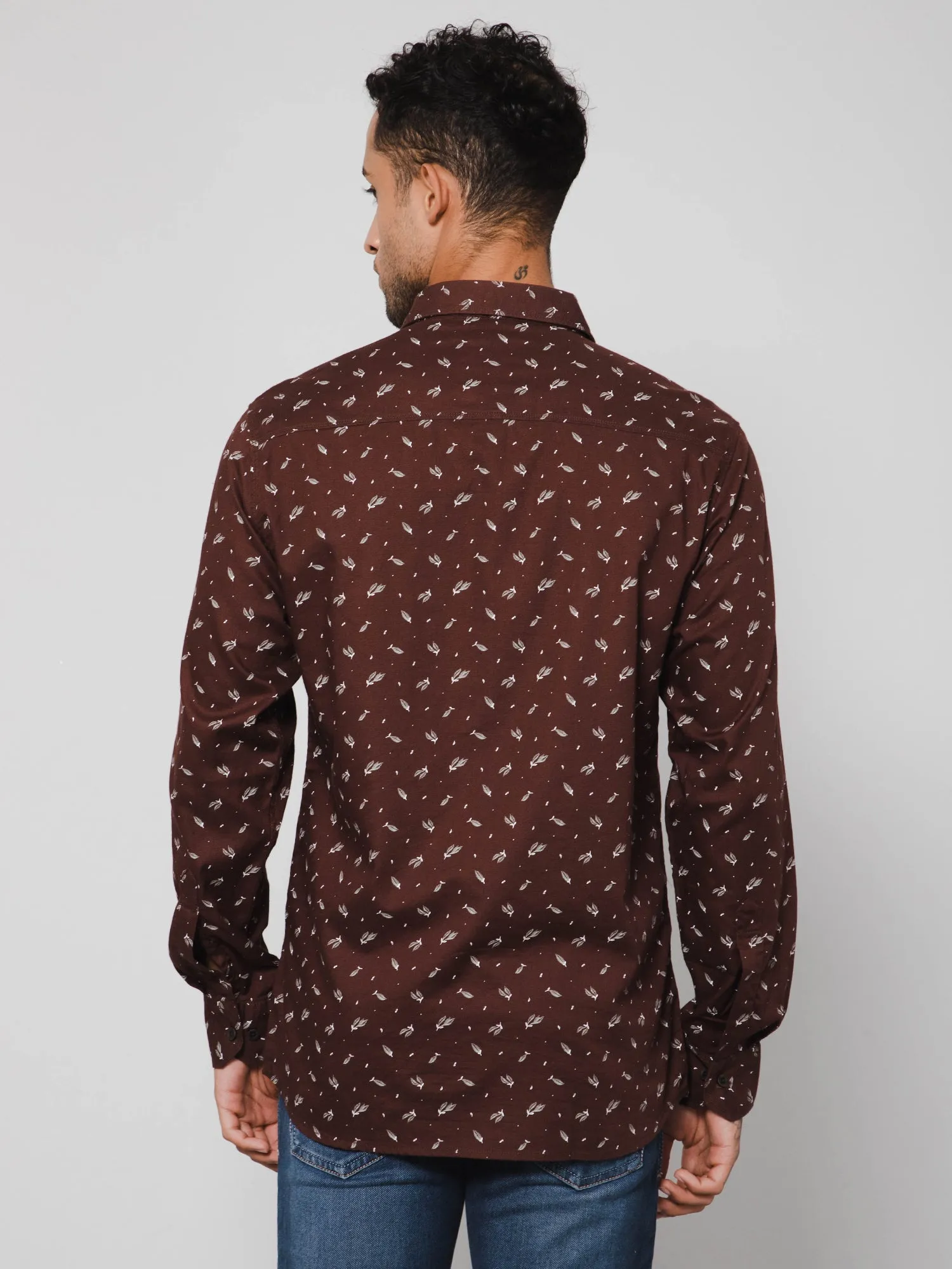 Cantabil Cotton Printed Brown Full Sleeve Regular Fit Casual Shirt for Men with Pocket