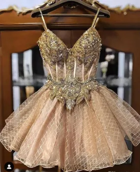 Champagne Beaded Crystals A line dress