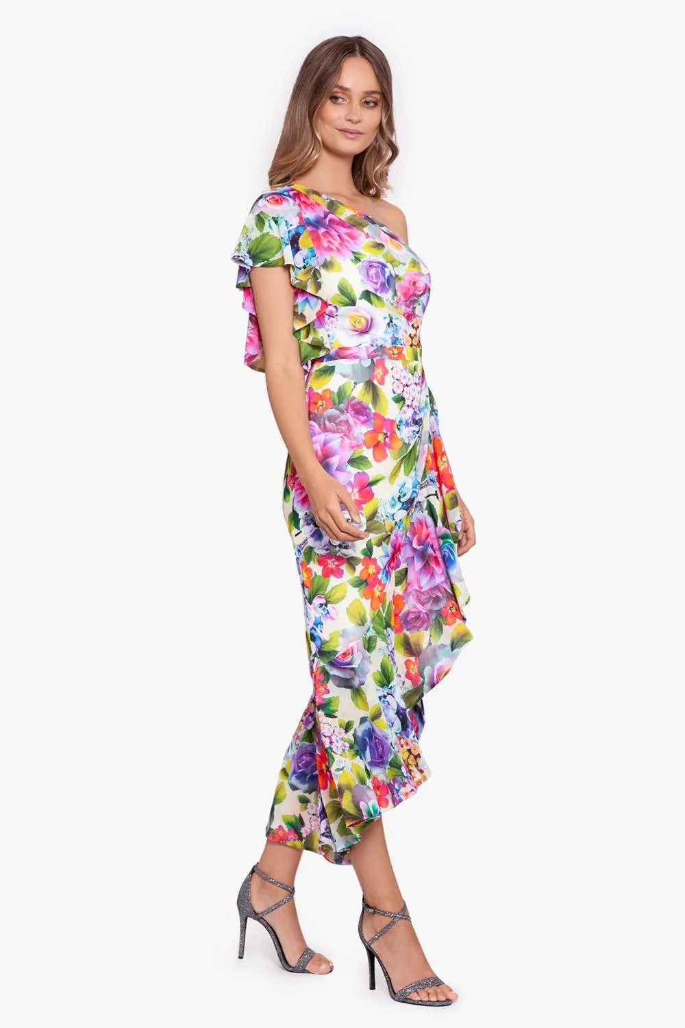 Chiffon Print One Shoulder Midi Dress