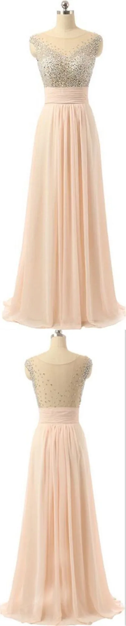 Chiffon Seen-through Back Cheap Charming Party Evening Beaded Long Prom Dress, PD0181