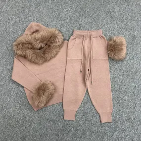 Childrens Taupe Premium Faux Fur Hood & Cuff Tracksuit