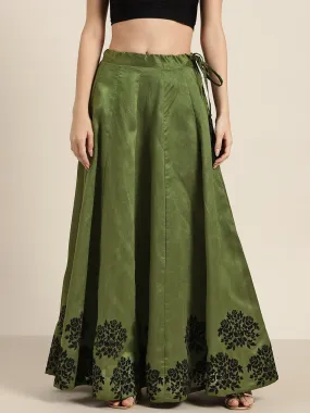 Green Flock Print Anarkali Skirt