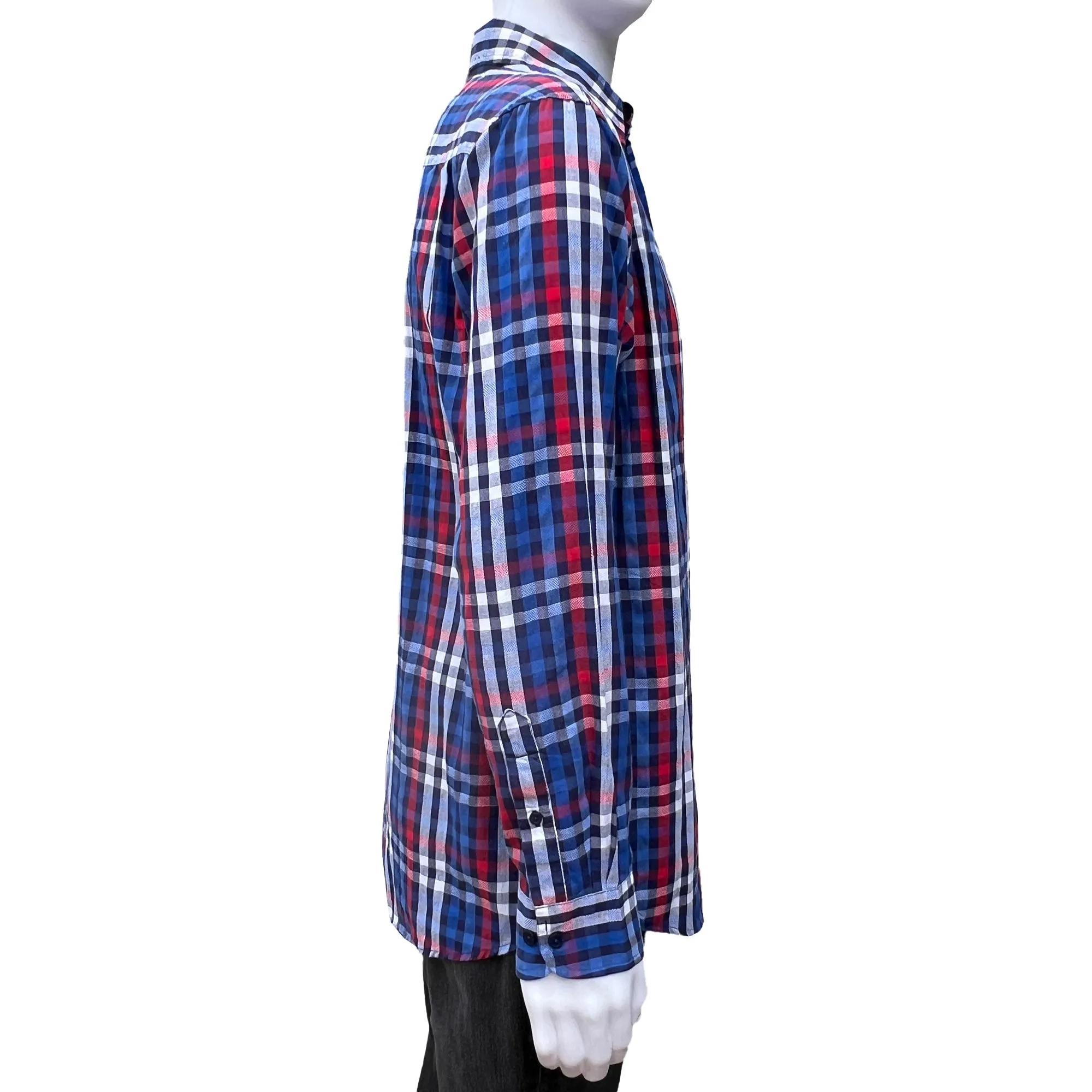 Haggar Red, White and Blue Plaid Button Down Casual Shirt - Medium