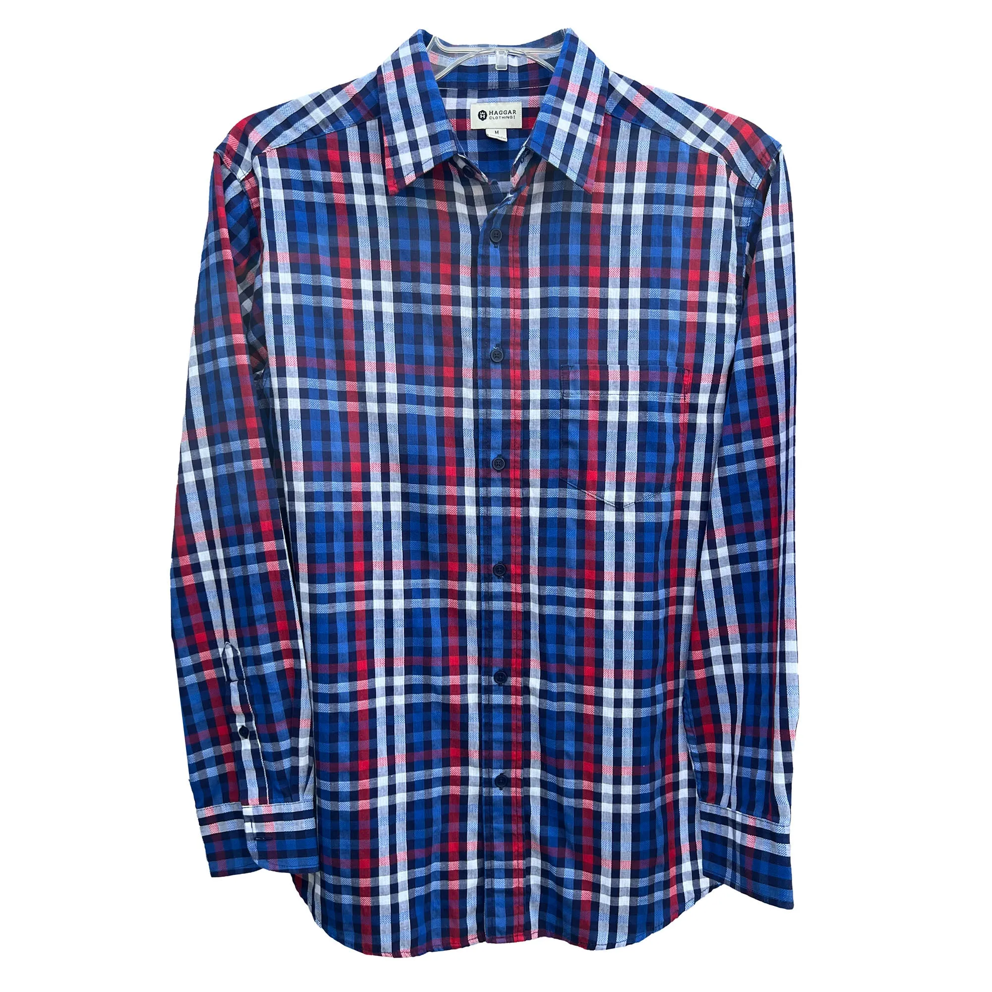 Haggar Red, White and Blue Plaid Button Down Casual Shirt - Medium