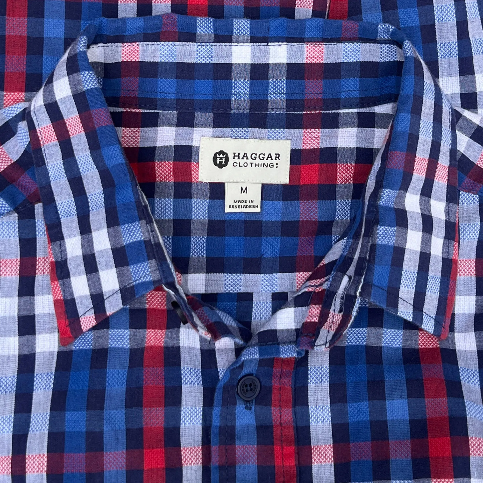 Haggar Red, White and Blue Plaid Button Down Casual Shirt - Medium