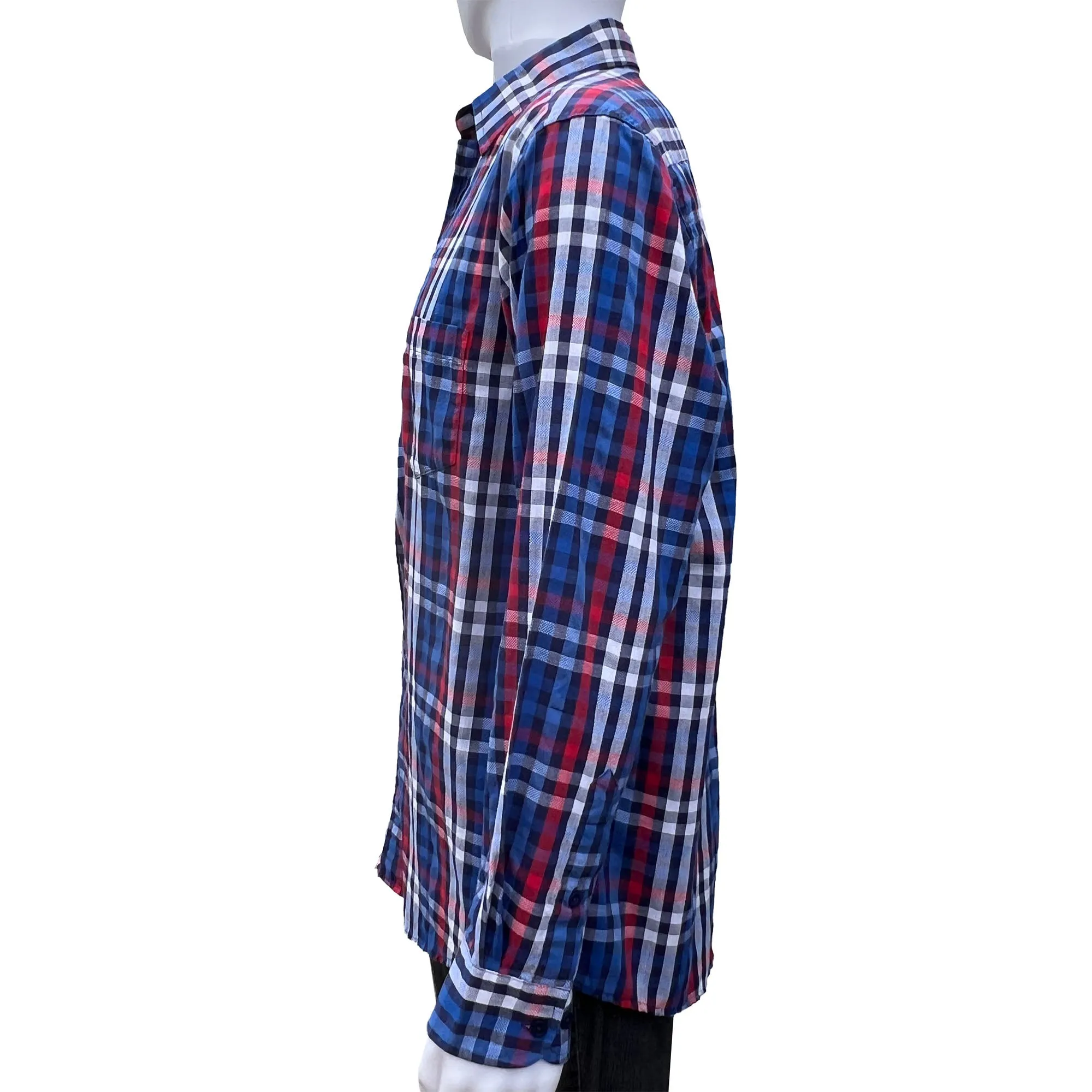 Haggar Red, White and Blue Plaid Button Down Casual Shirt - Medium