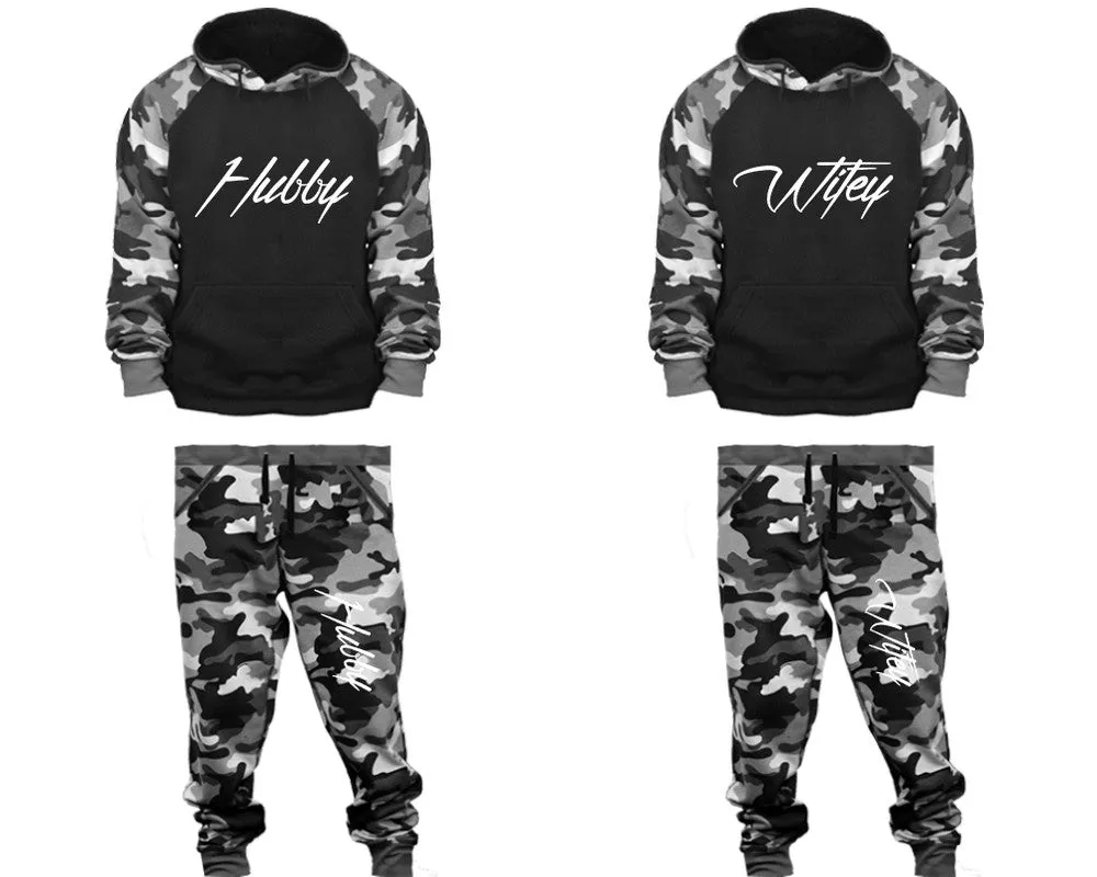 Hubby Wifey Couple Matching Camo Hoodies and Jogger Pants Top & Bottom Sets