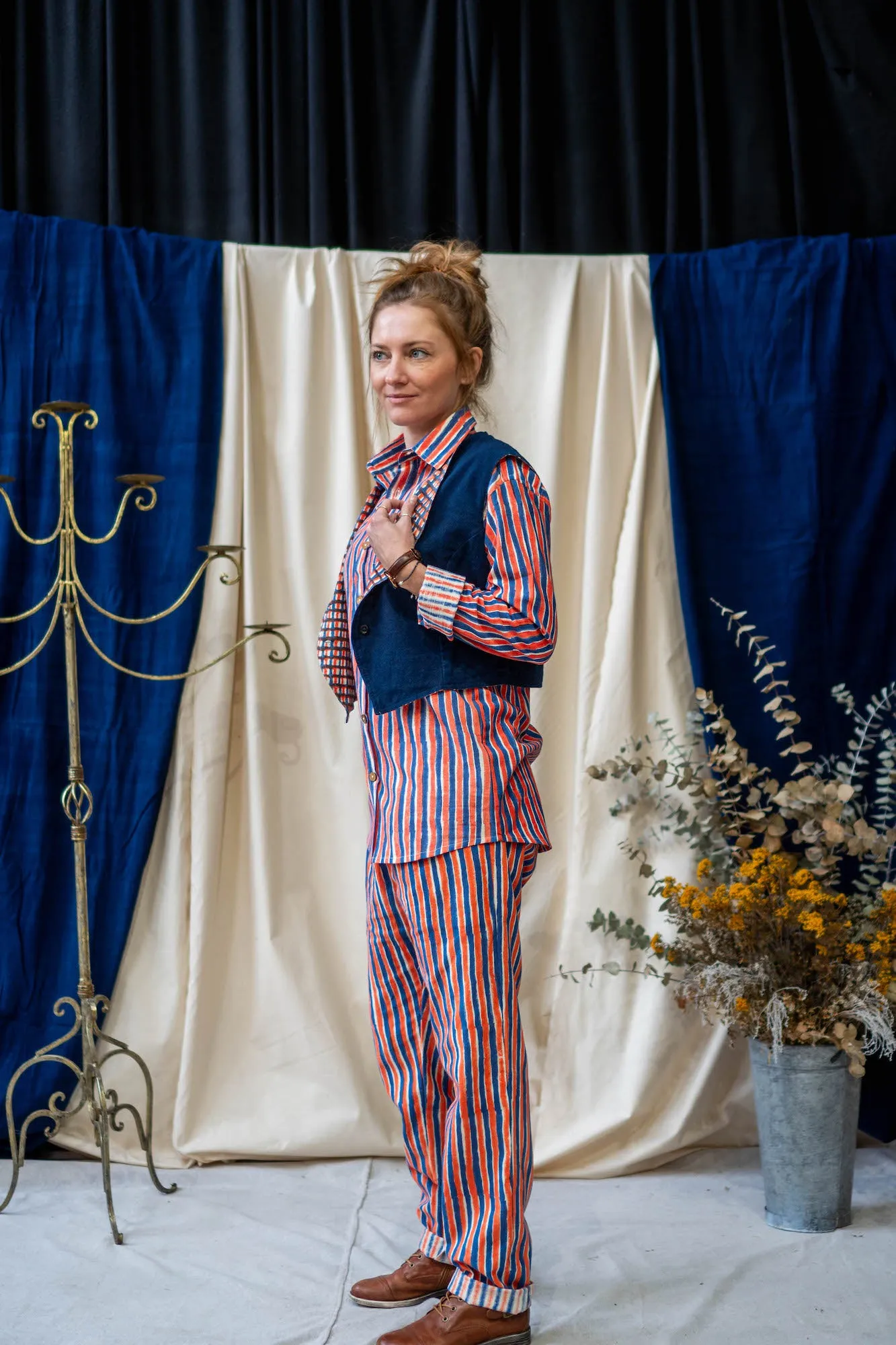 Long Sleeve Shirt - Blue and Orange Stripe Print