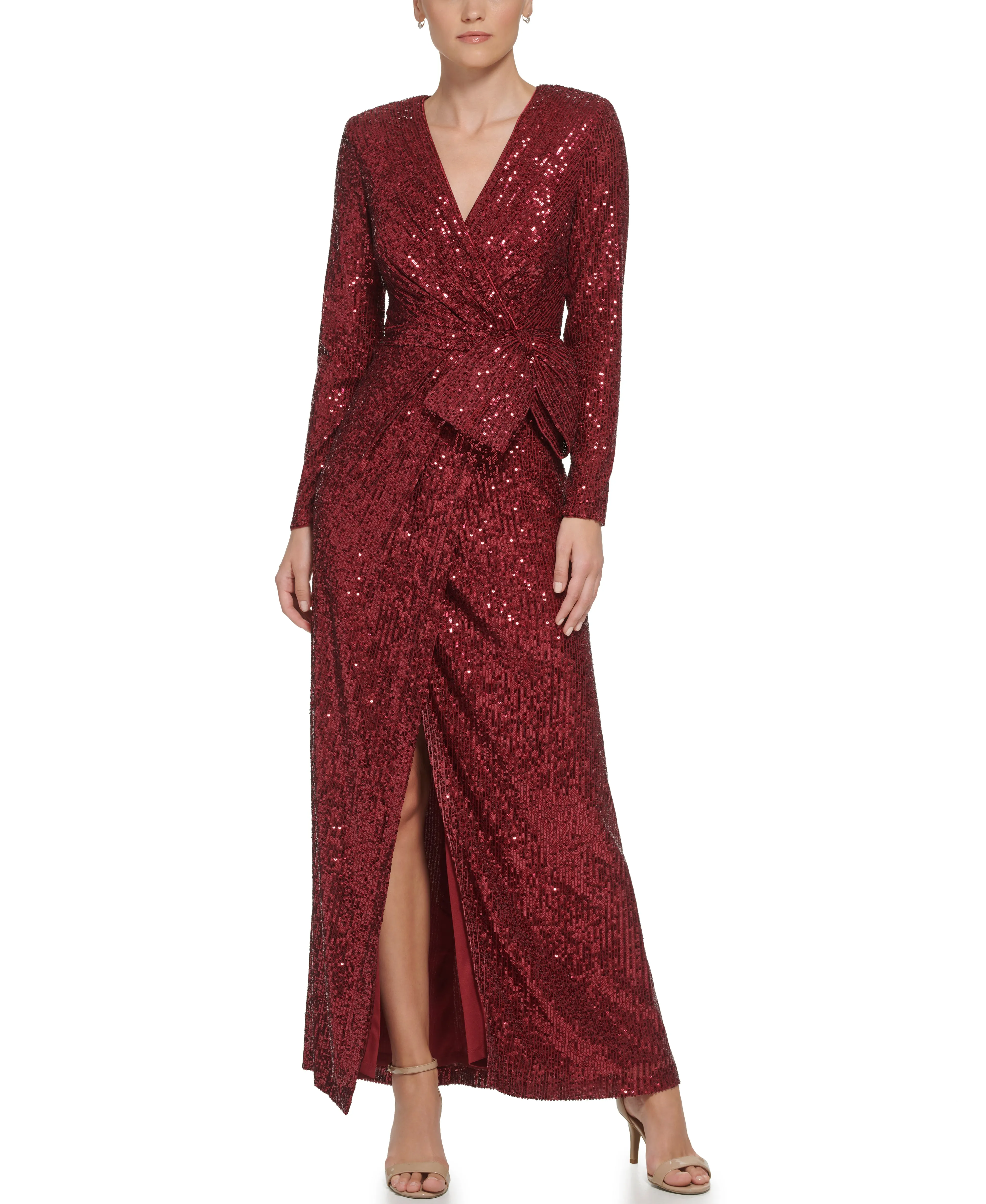 Long Sleeve Surplice Wrap Sequin Gown