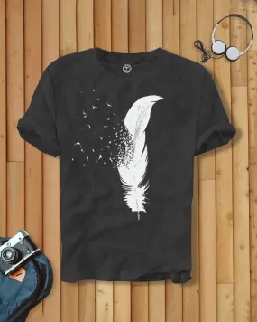 Men Feather Printed Half Sleeve Charcoal Black T-shirt