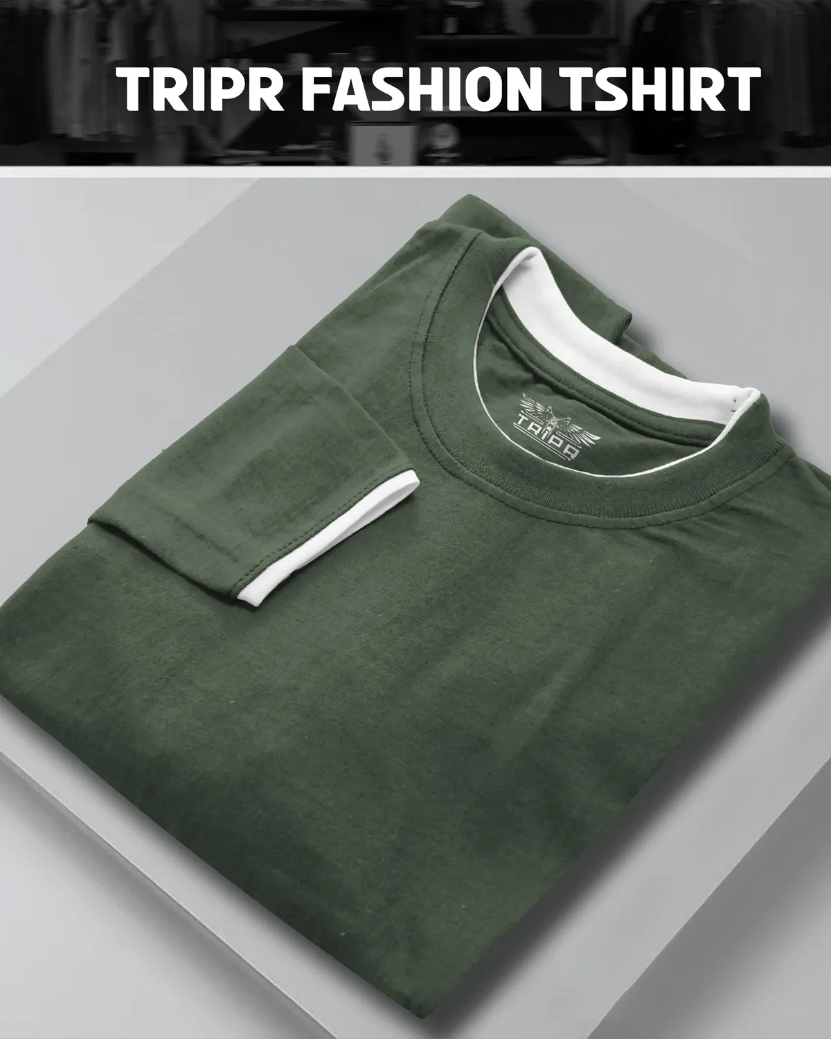 Men Plain Olive Green White Piping Full Hand T-shirt