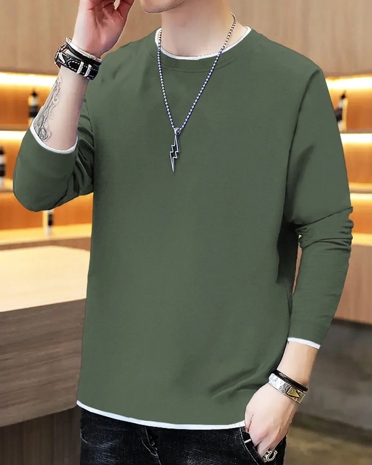 Men Plain Olive Green White Piping Full Hand T-shirt