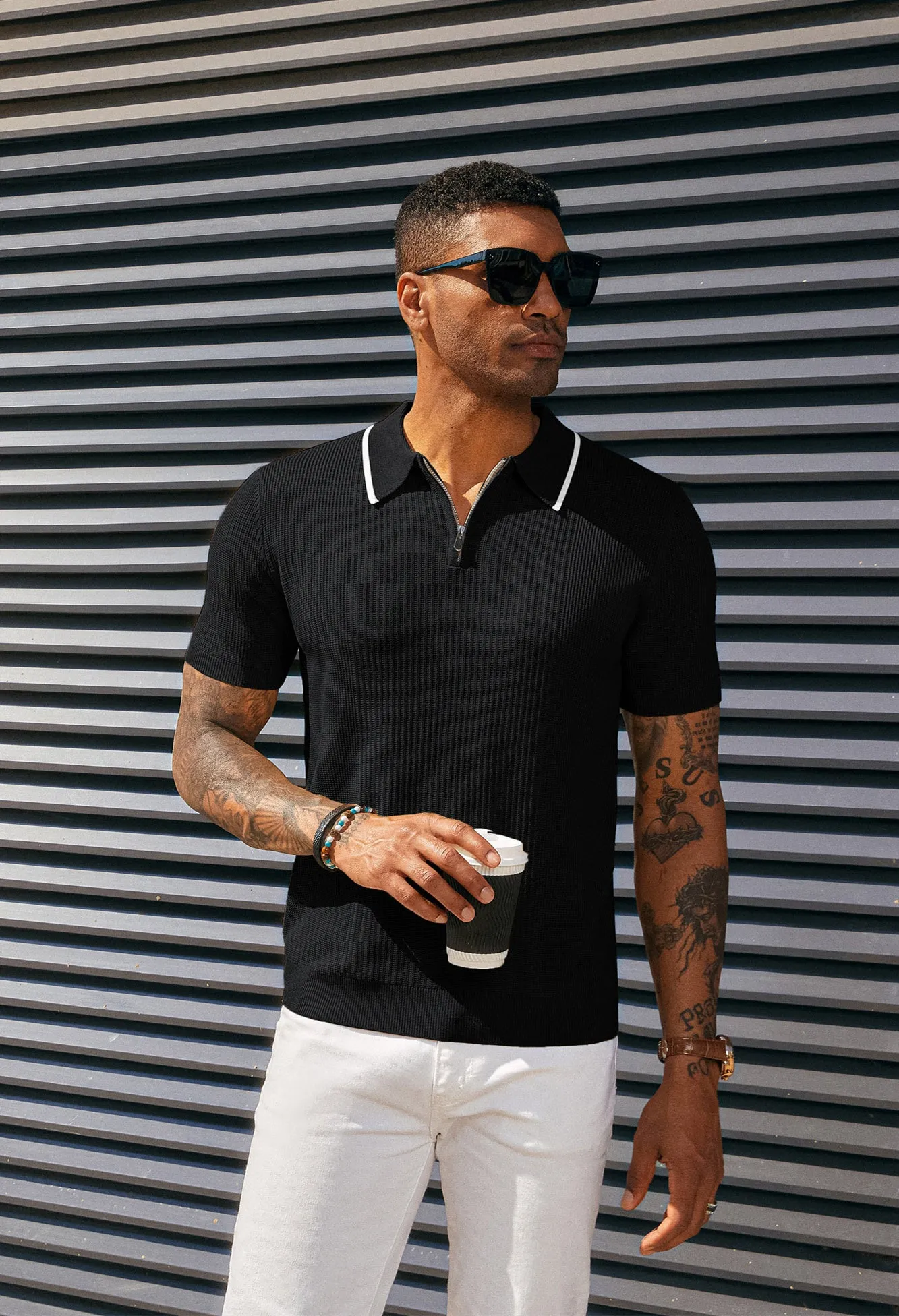 Men Stylish Lapel Collar Knitted Polo-Shirt Short Sleeve Zip-up Neck Knitwear