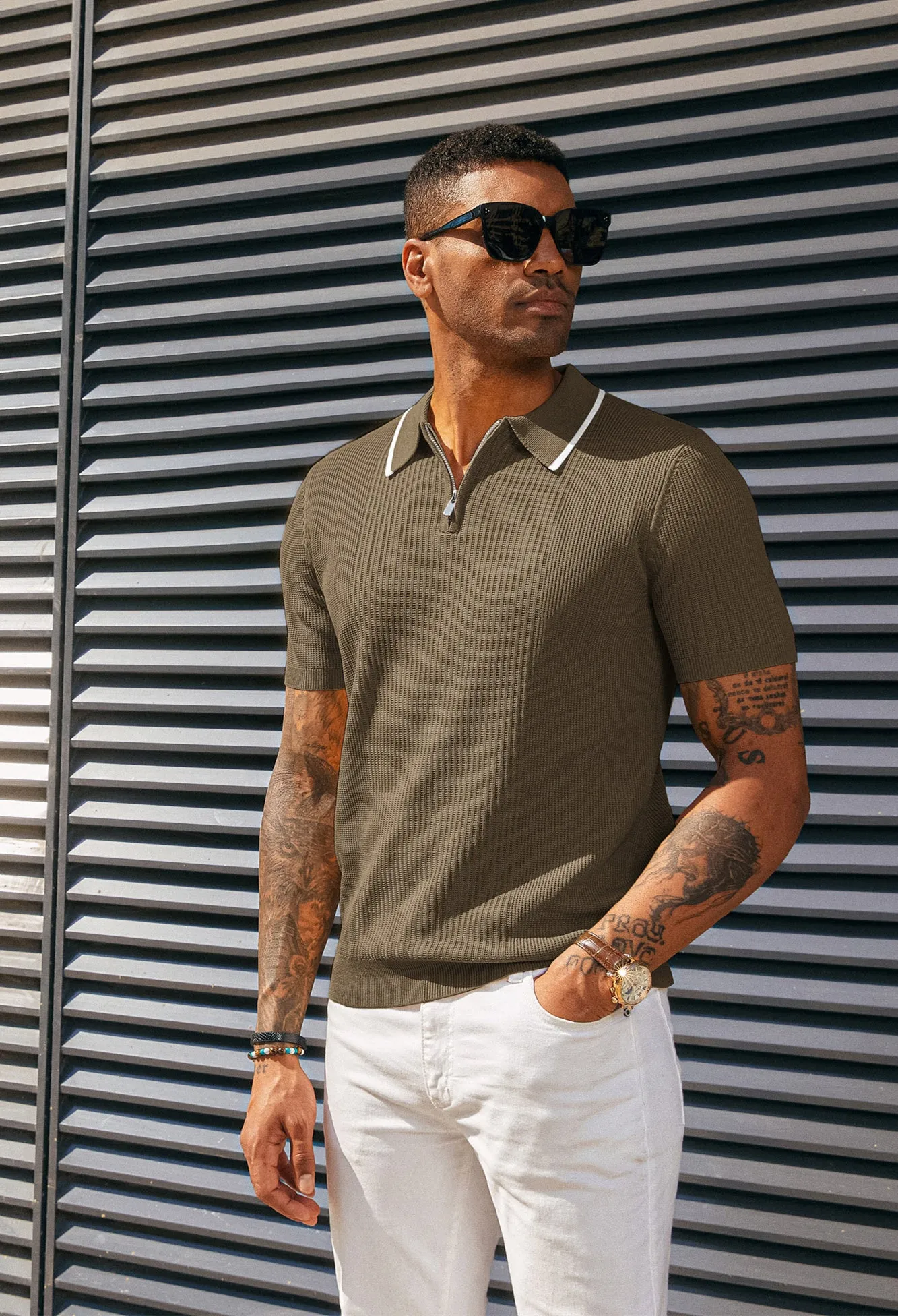 Men Stylish Lapel Collar Knitted Polo-Shirt Short Sleeve Zip-up Neck Knitwear