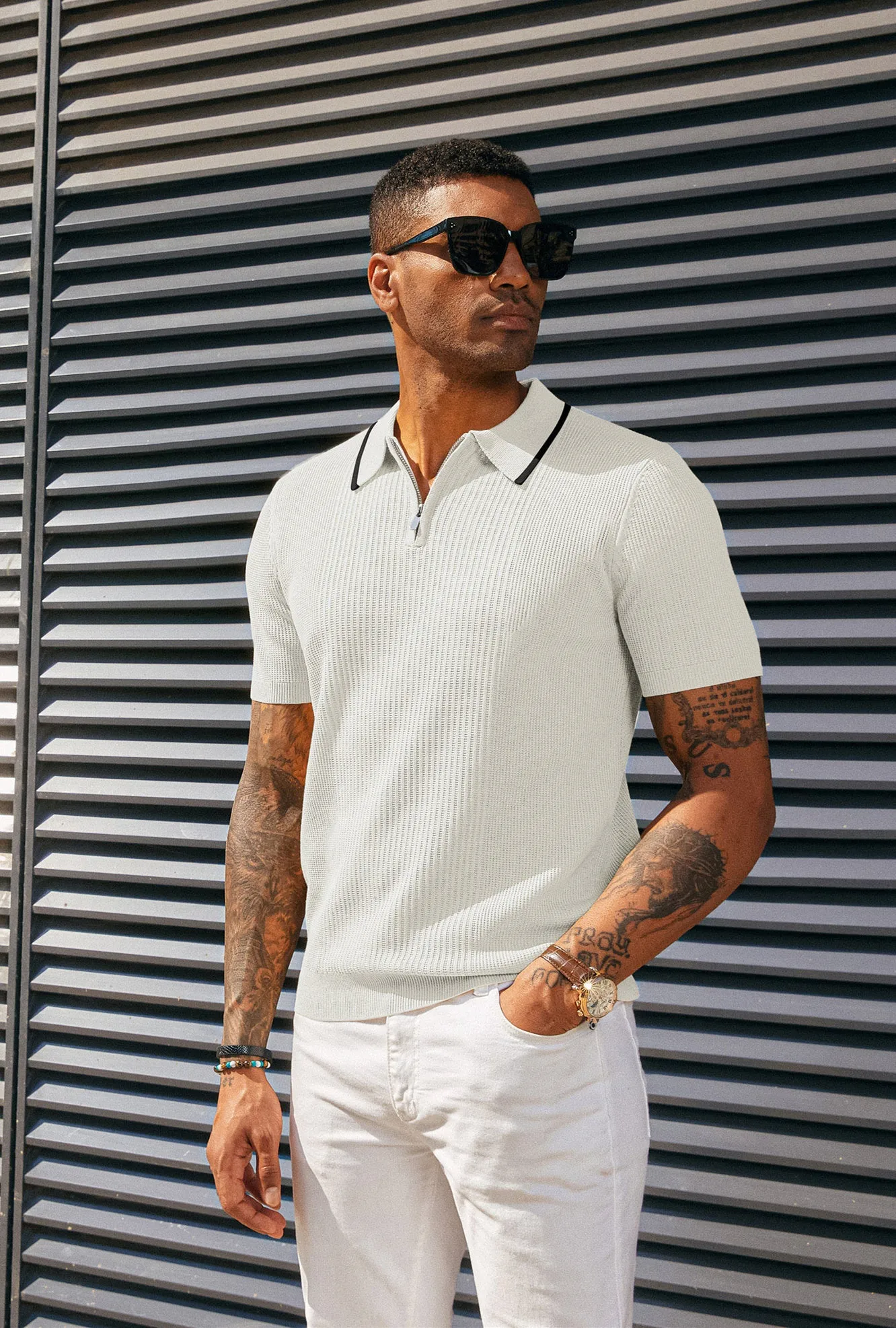 Men Stylish Lapel Collar Knitted Polo-Shirt Short Sleeve Zip-up Neck Knitwear