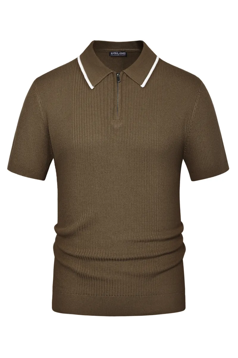 Men Stylish Lapel Collar Knitted Polo-Shirt Short Sleeve Zip-up Neck Knitwear