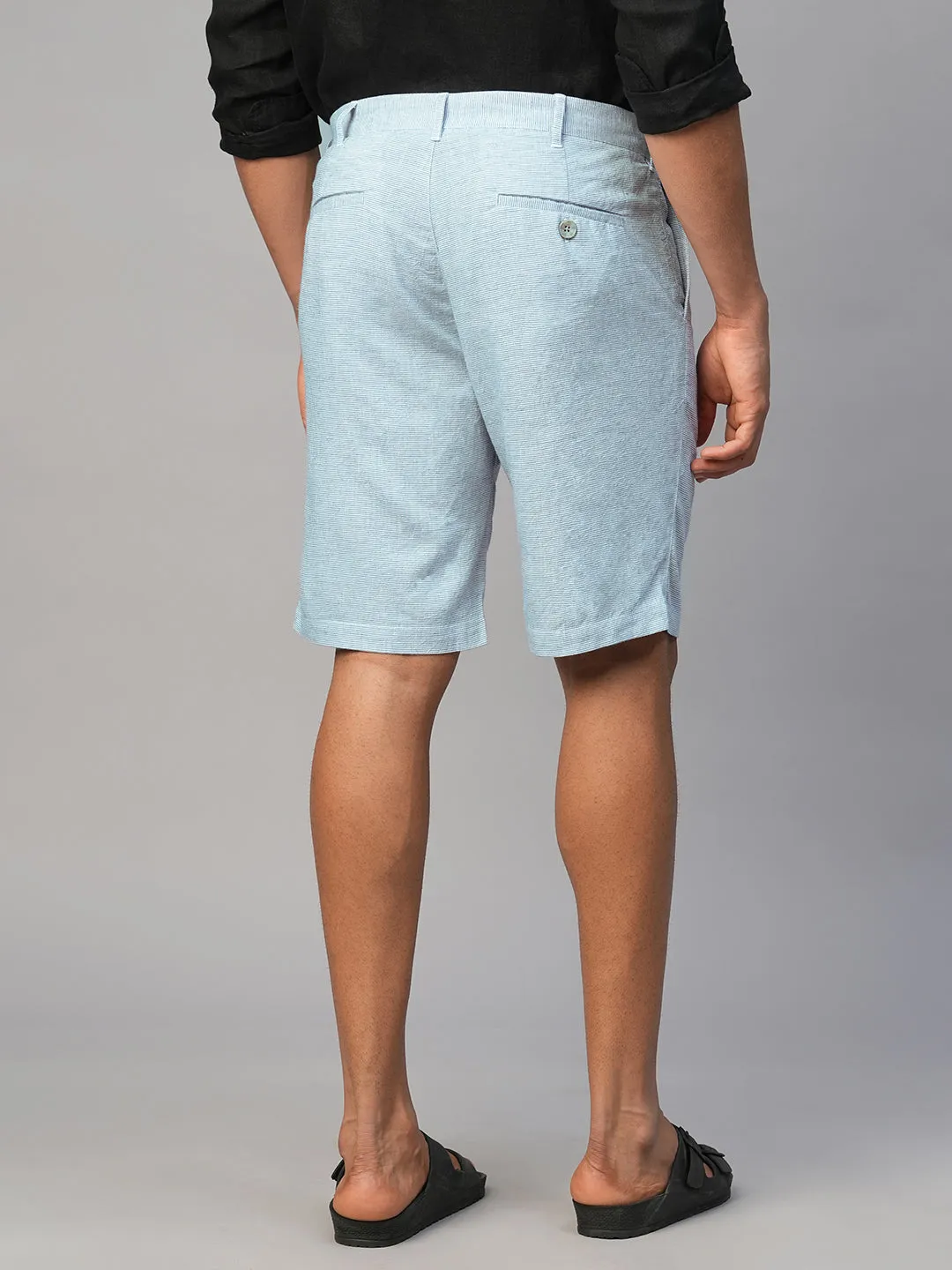 Men's Blue Viscose Linen Regular Fit Shorts