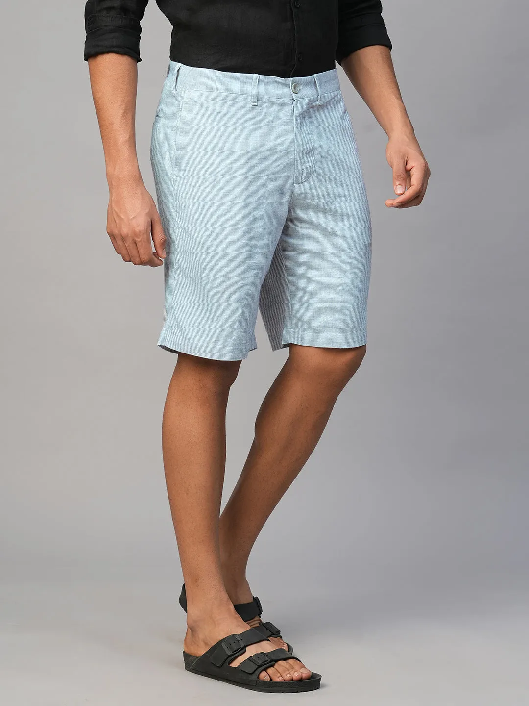 Men's Blue Viscose Linen Regular Fit Shorts