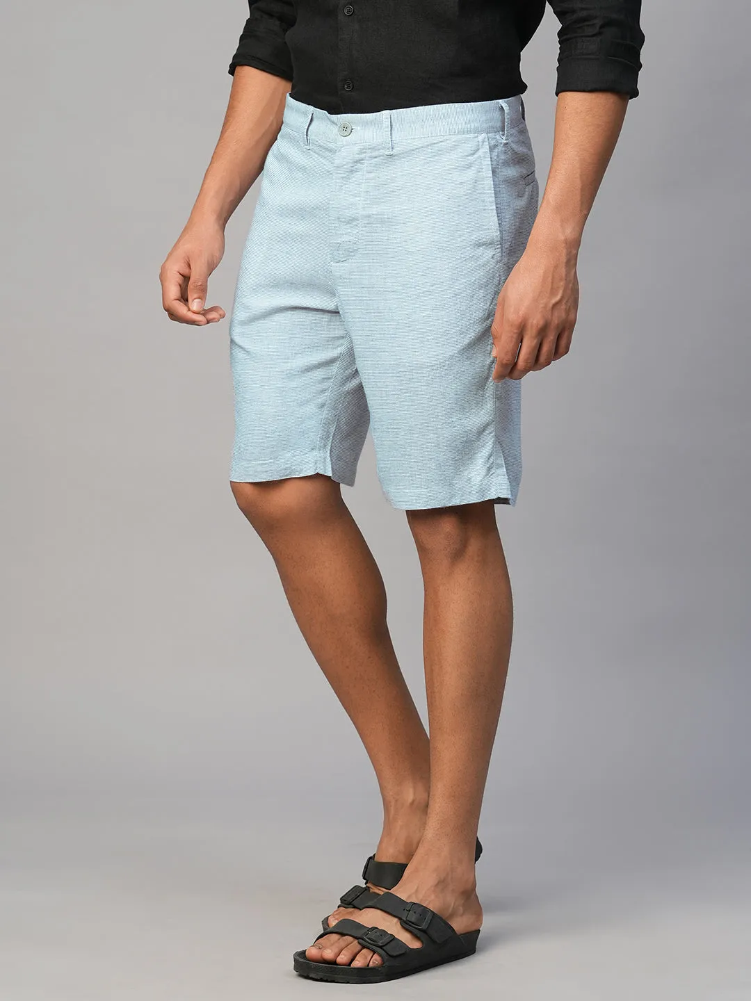 Men's Blue Viscose Linen Regular Fit Shorts