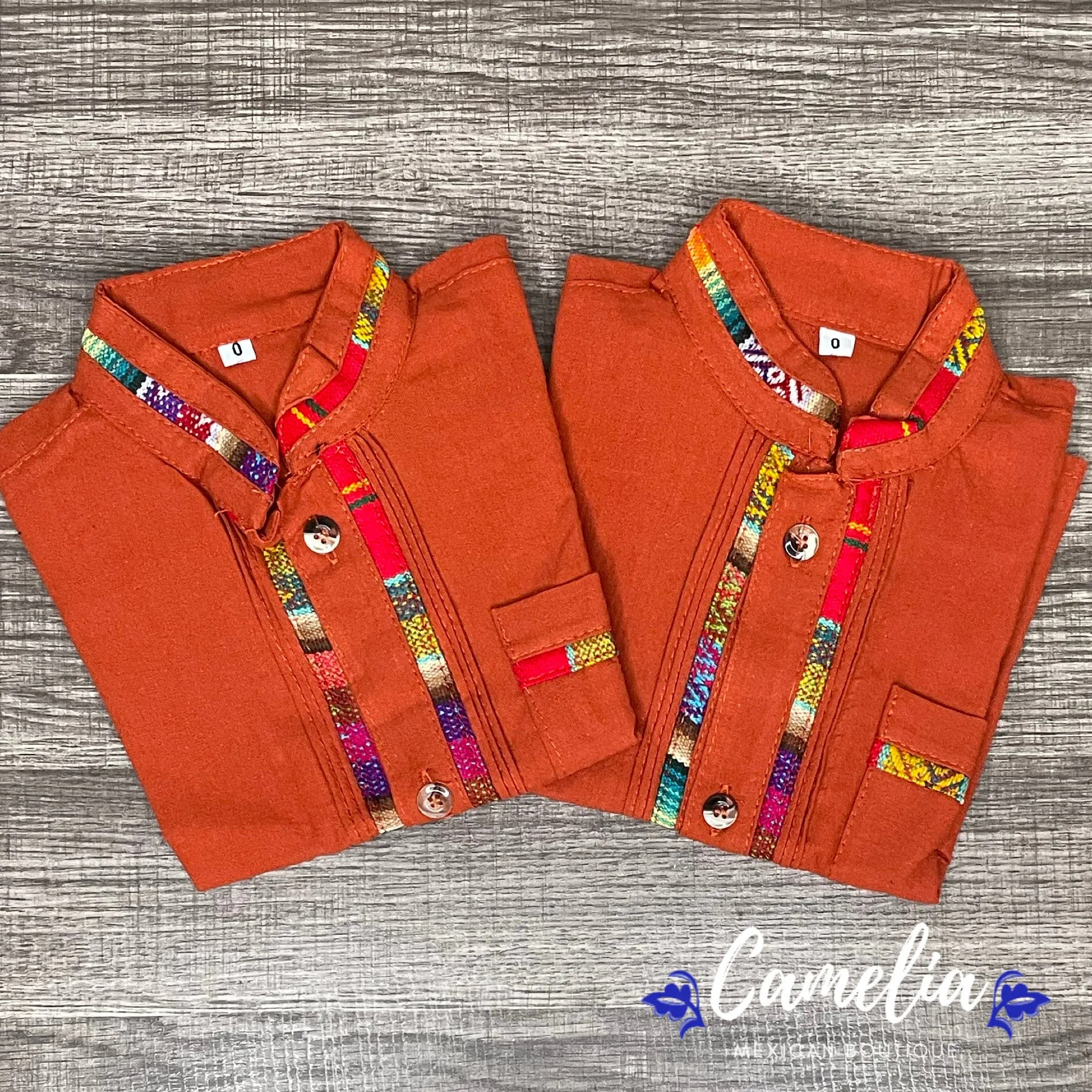 Men's Short Sleeve Guayabera  Sarape Trim - Burnt Orange