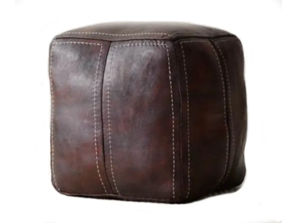 Moroccan Leather Pouf / Ottoman - Square - Brown Caramel - Aya