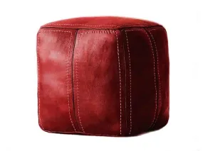 Moroccan Leather Pouf / Ottoman - Square - Red - Aya