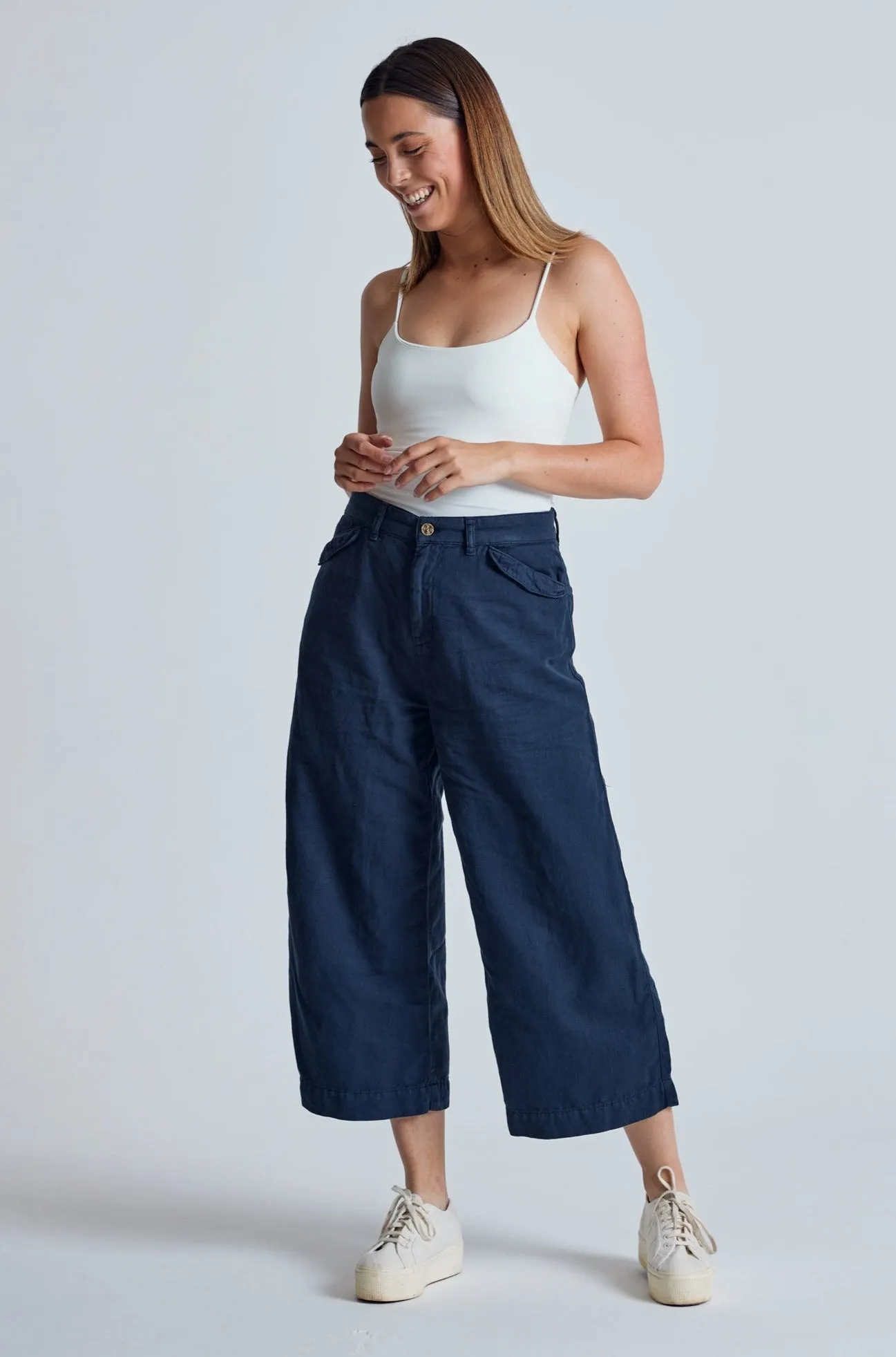 Navy Betty Wide Leg Cropped Culotte Trouser - GOTS Certified Organic Cotton and Linen