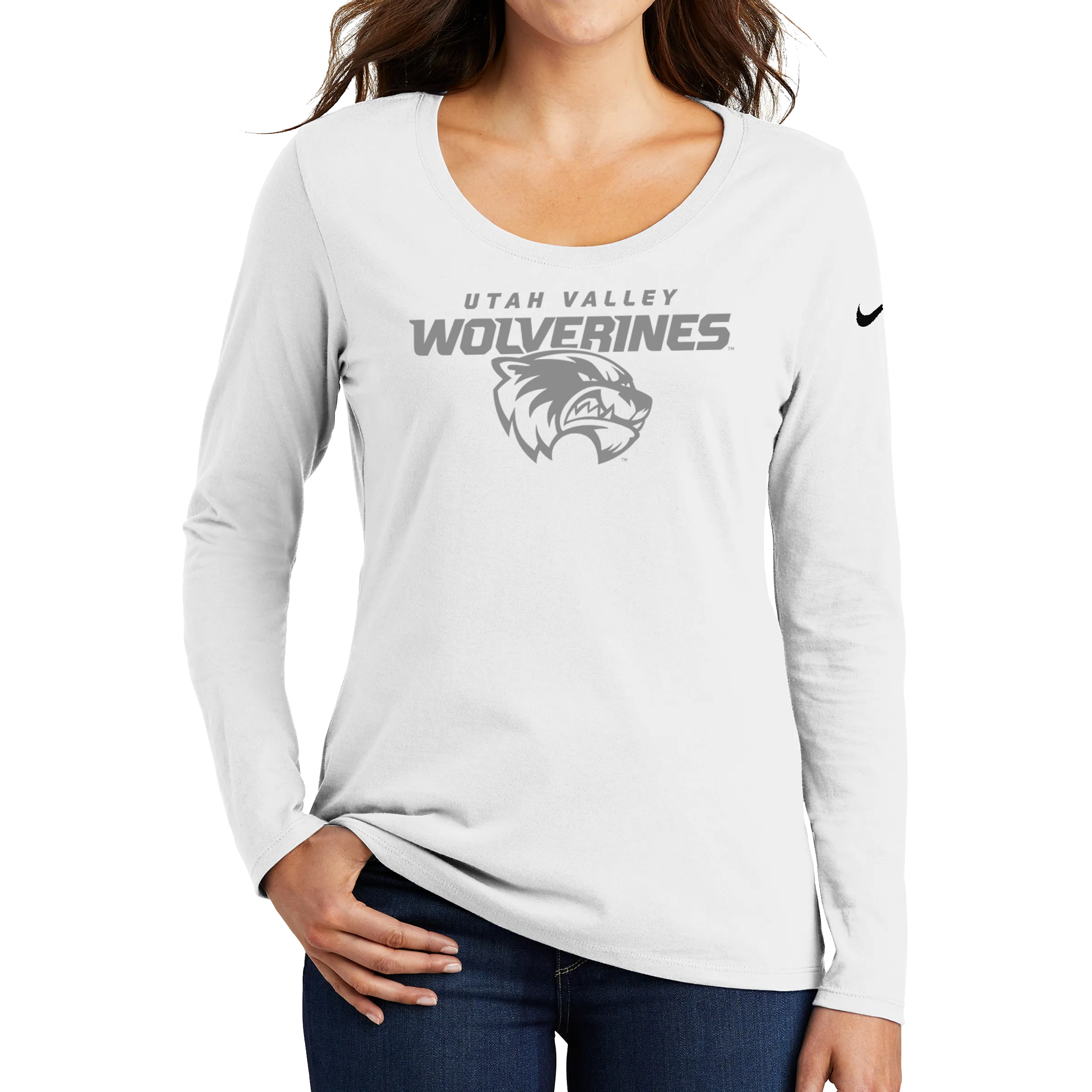 Nike Ladies Core Cotton Long Sleeve Scoop Neck Tee- Combo Under Wolverine