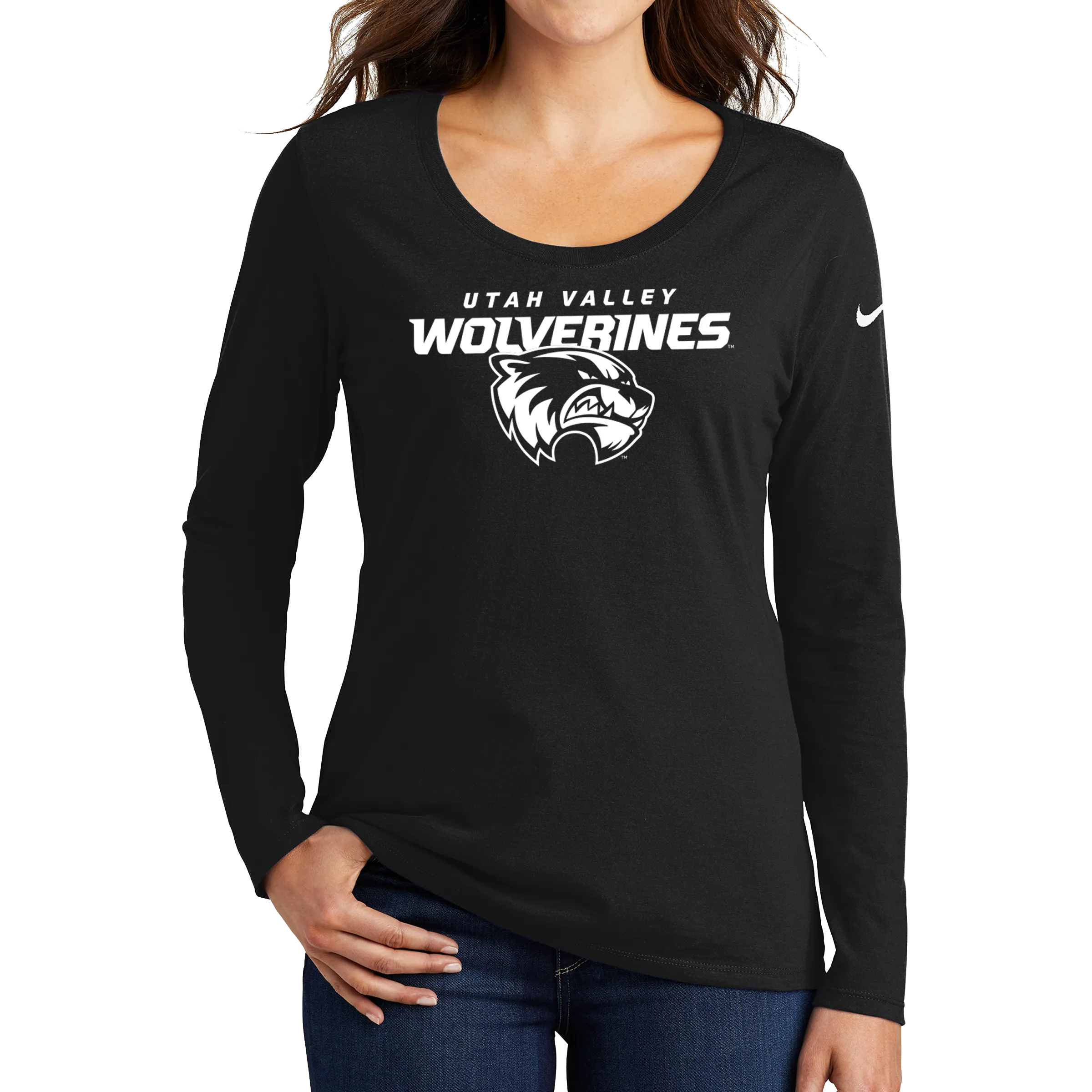 Nike Ladies Core Cotton Long Sleeve Scoop Neck Tee- Combo Under Wolverine