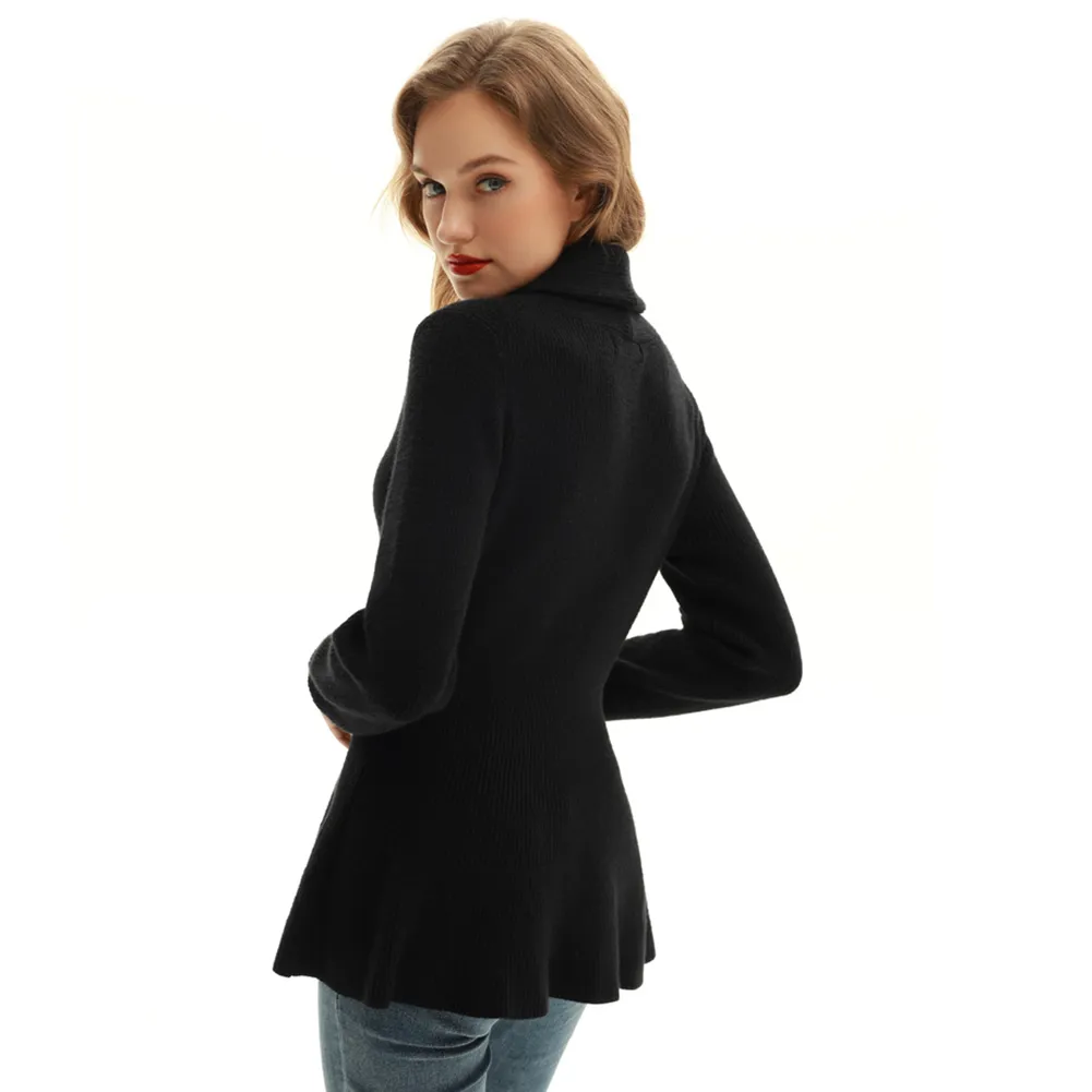 Peplum Hem Cardigan Sweater Long Sleeve Shawl Lapel Button-up Knitwear