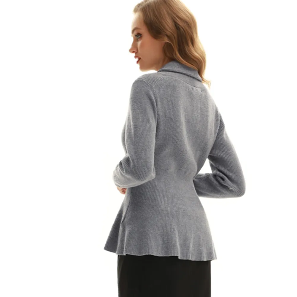 Peplum Hem Cardigan Sweater Long Sleeve Shawl Lapel Button-up Knitwear