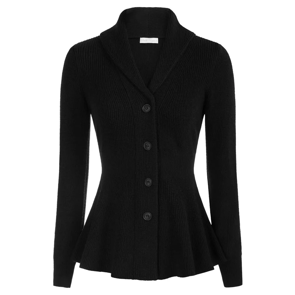 Peplum Hem Cardigan Sweater Long Sleeve Shawl Lapel Button-up Knitwear