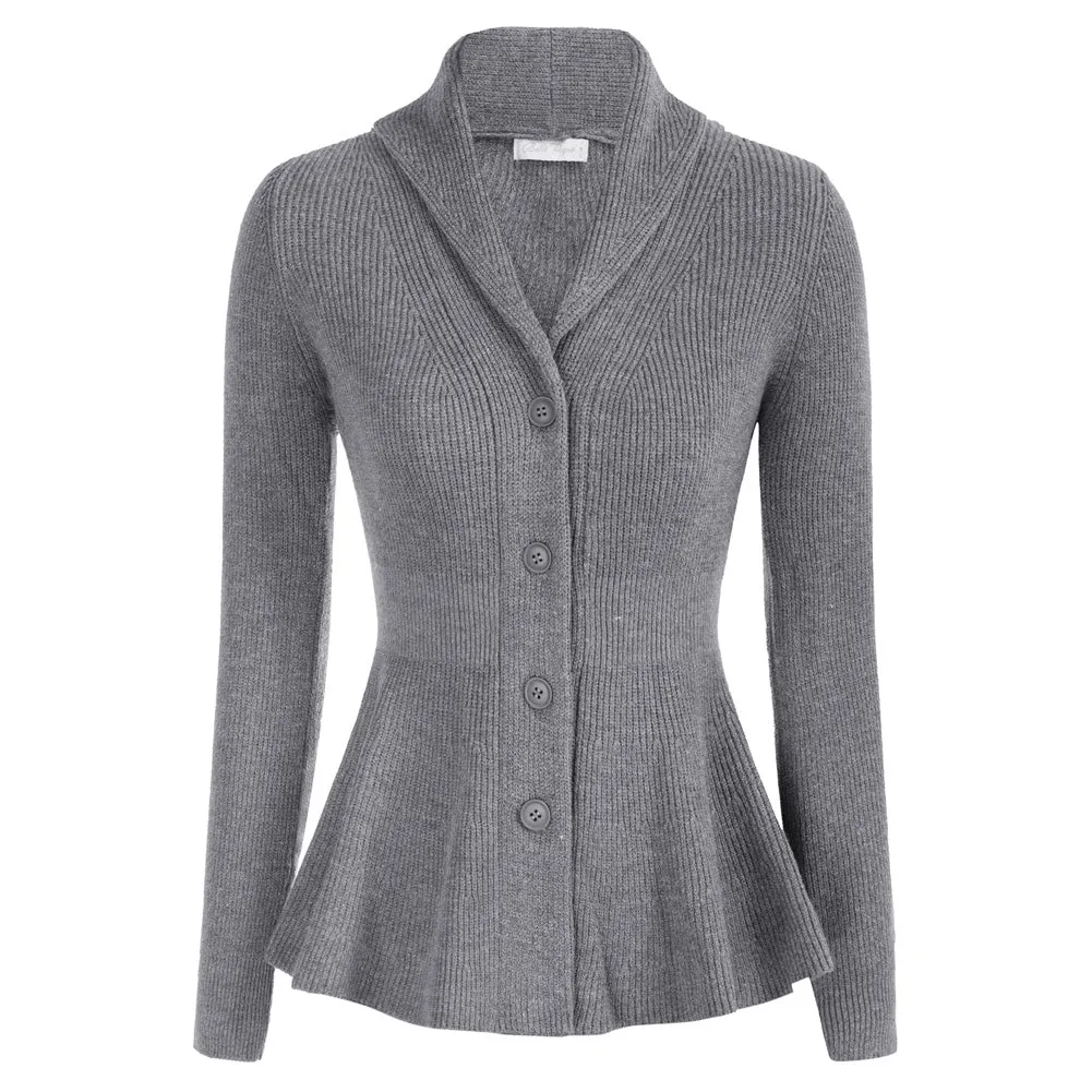 Peplum Hem Cardigan Sweater Long Sleeve Shawl Lapel Button-up Knitwear