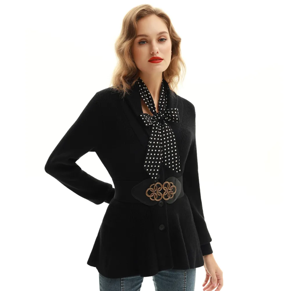 Peplum Hem Cardigan Sweater Long Sleeve Shawl Lapel Button-up Knitwear