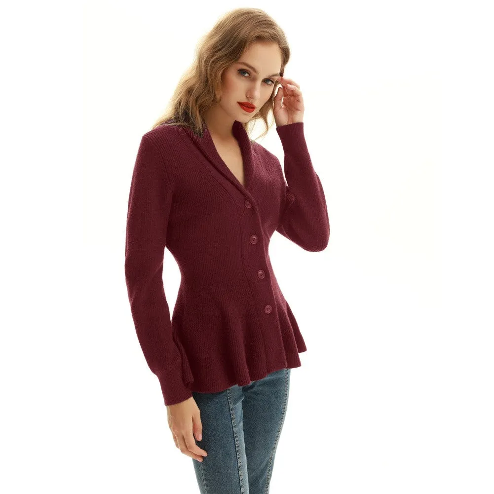 Peplum Hem Cardigan Sweater Long Sleeve Shawl Lapel Button-up Knitwear