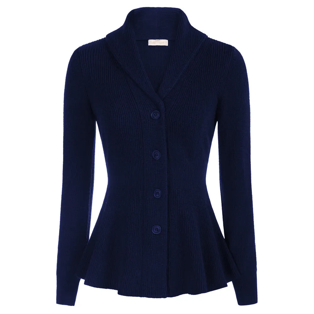 Peplum Hem Long Sleeve Shawl Lapel Button-up Knitwear