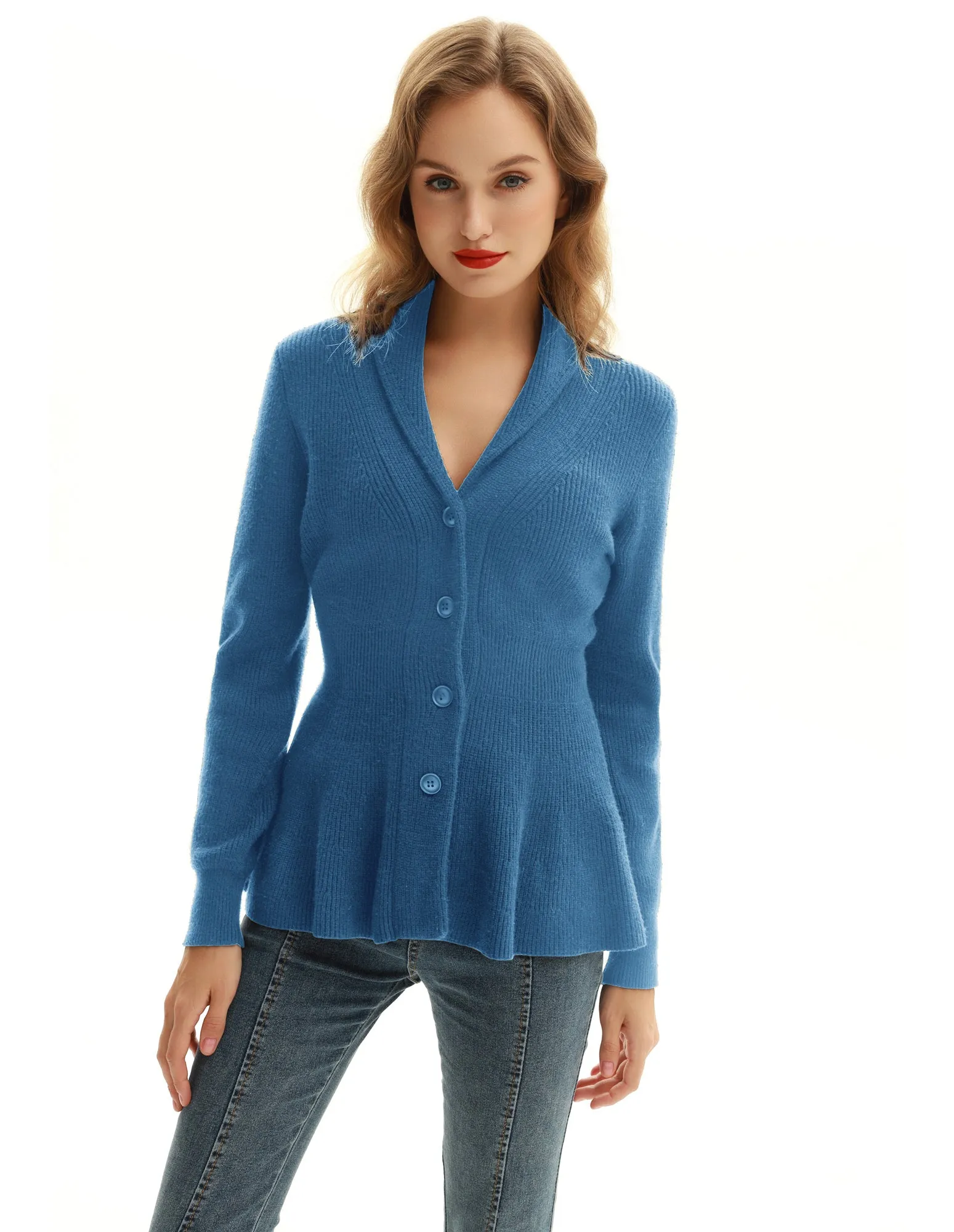 Peplum Hem Long Sleeve Shawl Lapel Button-up Knitwear