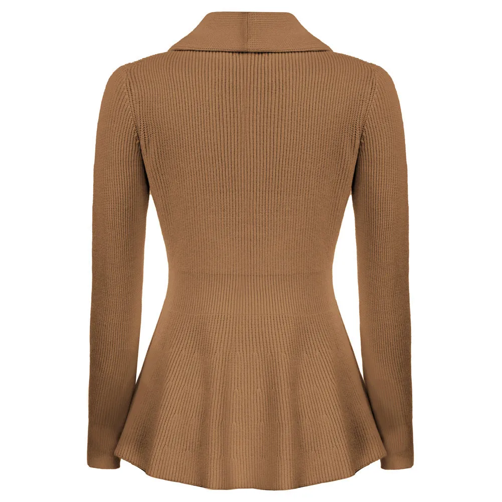 Peplum Hem Long Sleeve Shawl Lapel Button-up Knitwear