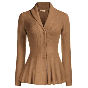 Peplum Hem Long Sleeve Shawl Lapel Button-up Knitwear