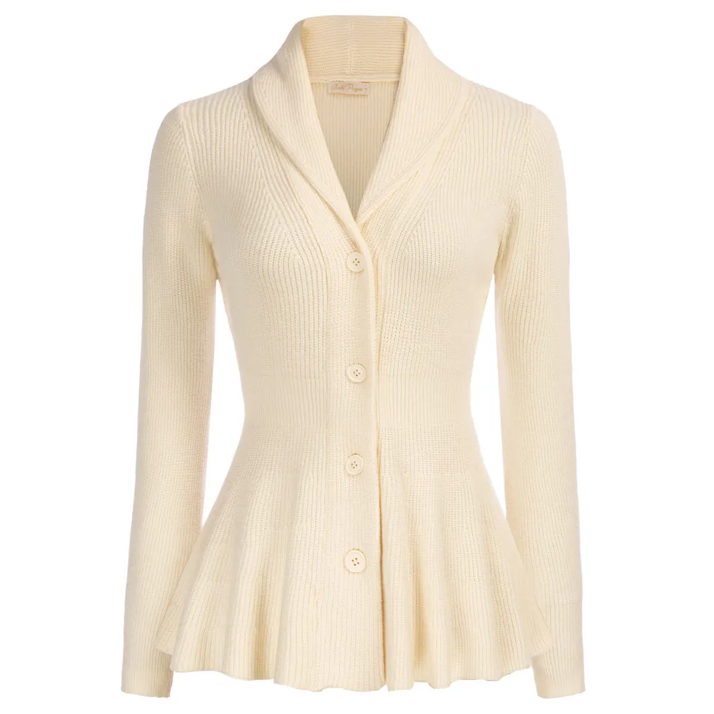 Peplum Hem Long Sleeve Shawl Lapel Button-up Knitwear