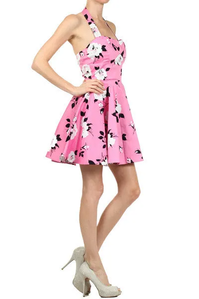 Pink Floral Rose Printed Retro Inspired Full Skirt Short A-Line Dress Womens