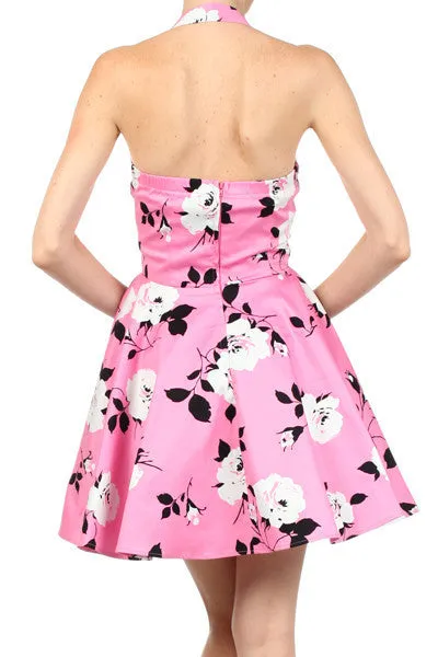 Pink Floral Rose Printed Retro Inspired Full Skirt Short A-Line Dress Womens