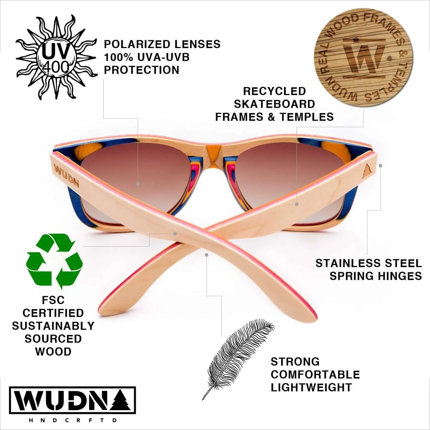 Recycled Skatedeck Kickflip Natural Sunglasses by WUDN