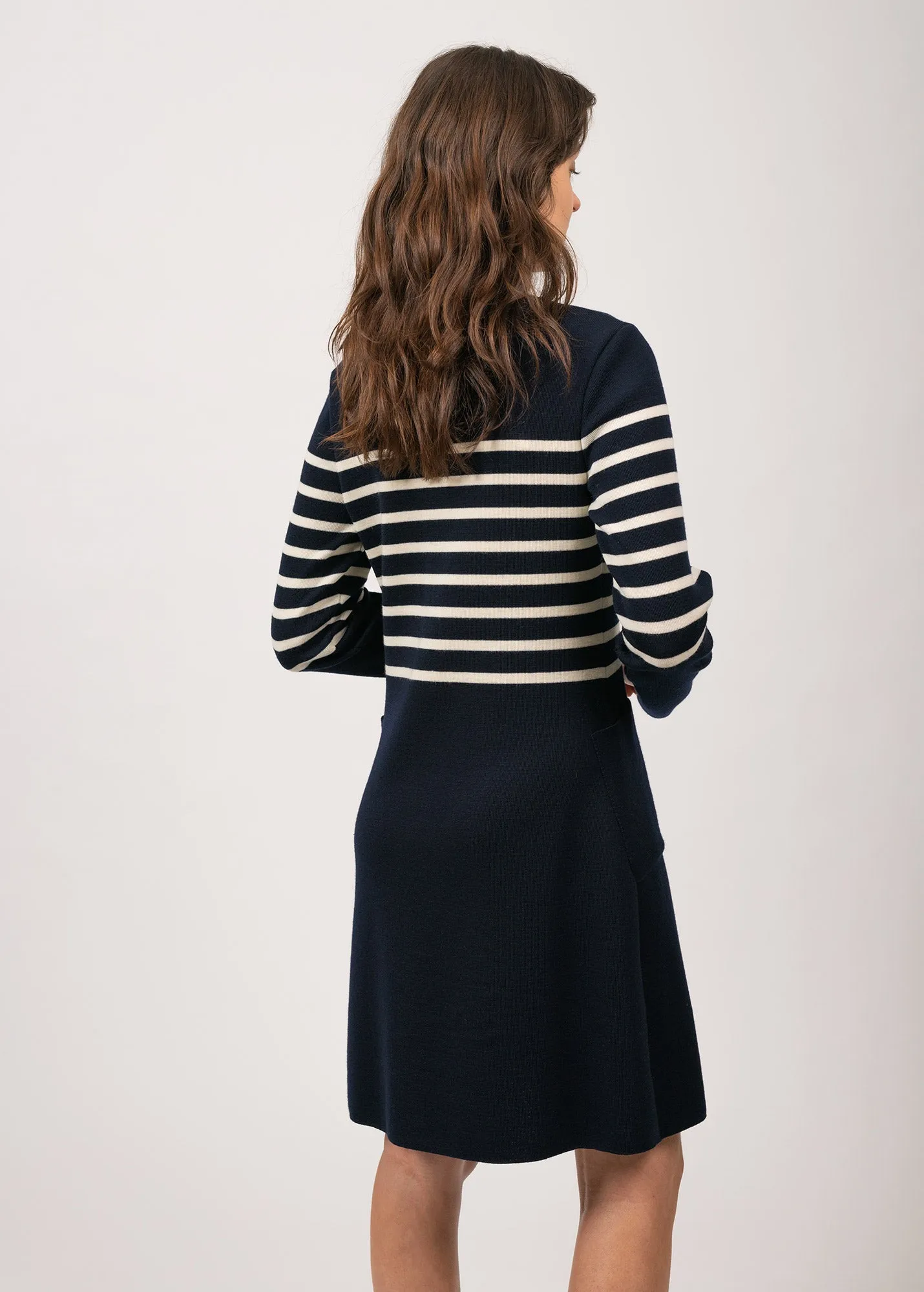 Royale striped dress in wool - crossed V neck (NAVY/ECUME)